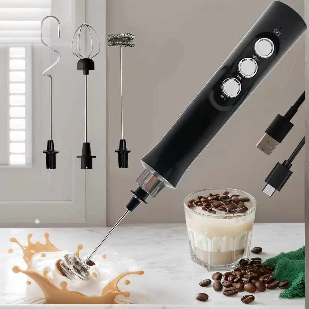 Wireless Rechargeable Electric Milk Frother - 3 Speeds, Handheld Foam Maker for Latte, Cappuccino, Hot Chocolate - USB Rechargea