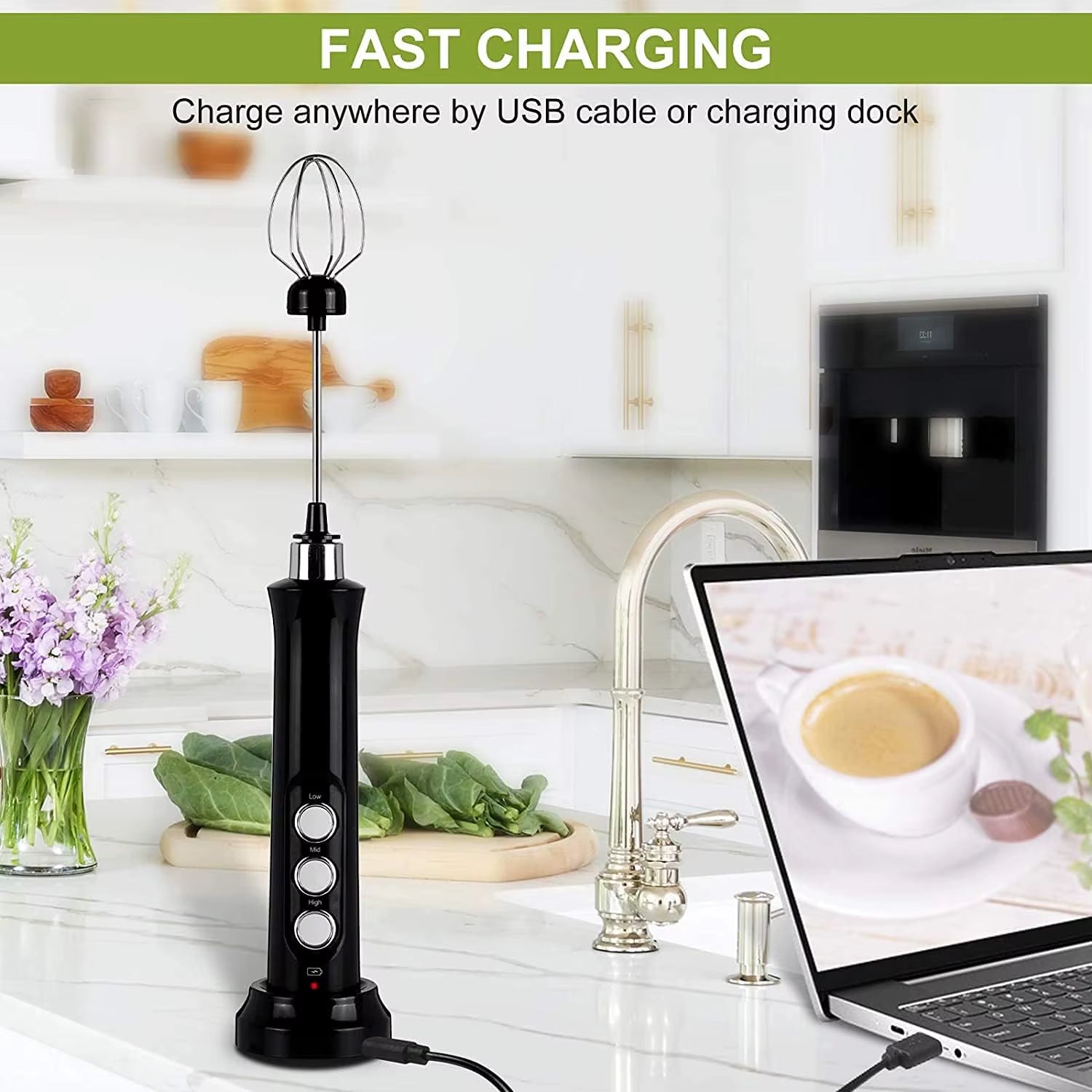 Wireless Rechargeable Electric Milk Frother - 3 Speeds, Handheld Foam Maker for Latte, Cappuccino, Hot Chocolate - USB Rechargea