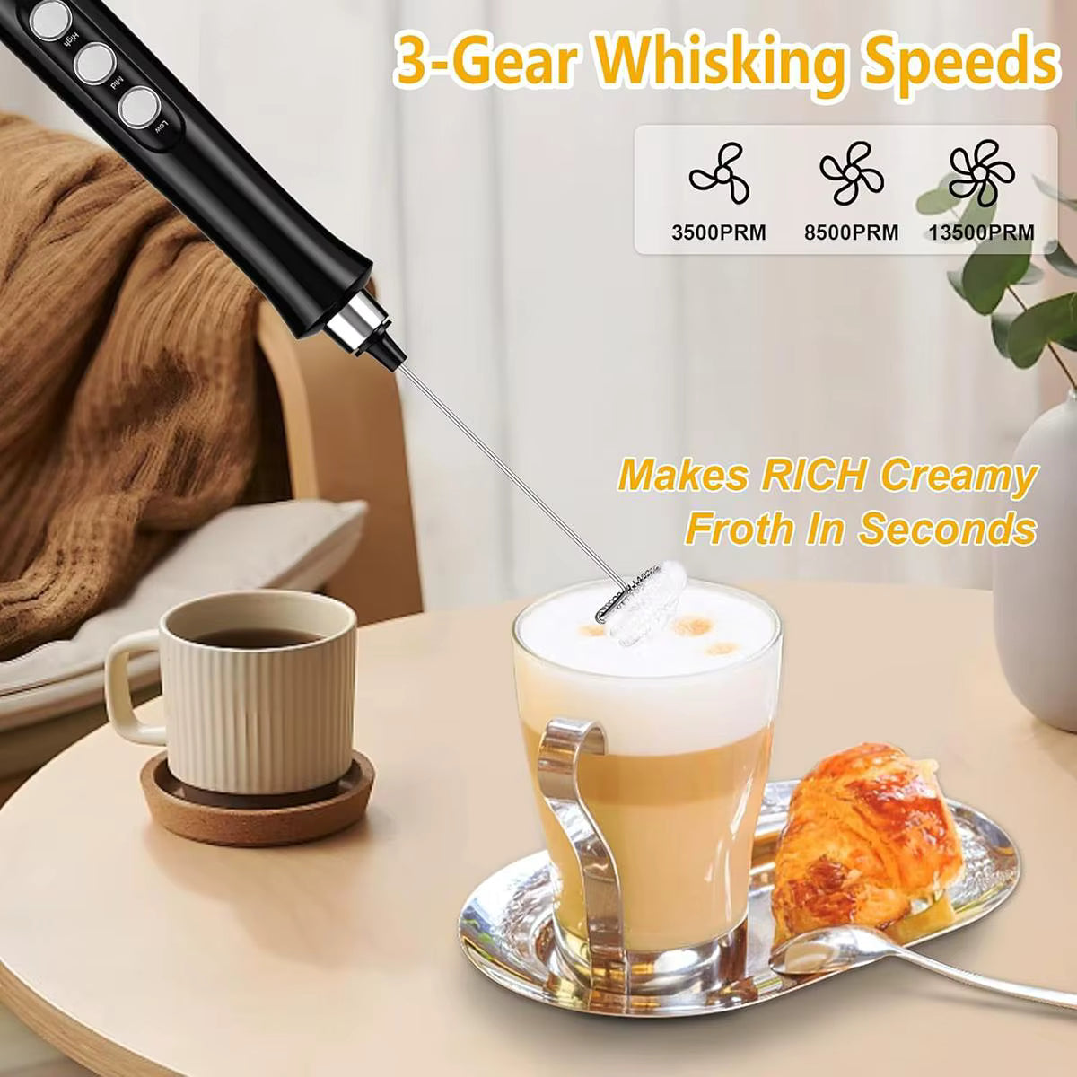 Wireless Rechargeable Milk Frother – 3-Speed Handheld Foam Maker